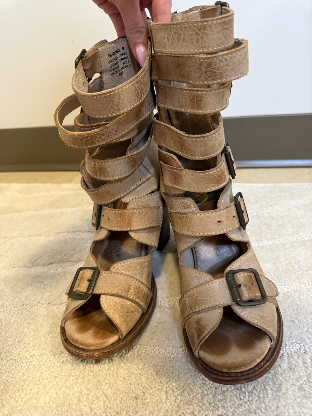 Women's Tan Strappy Buckle Sandal Boots